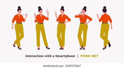 Modern businesswoman smartphone use pose set. Business lady high waisted pants, loose office work long trousers with belt, attractive classy blouse female model. Vector flat style cartoon illustration