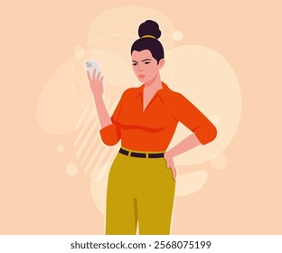 Modern businesswoman smartphone video pose. Business lady, high waisted pants, office trousers belt, attractive blouse female model. Vector flat style cartoon illustration creative background color