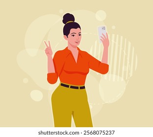 Modern businesswoman smartphone video pose. Business lady, high waisted pants, office trousers belt, attractive blouse female model. Vector flat style cartoon illustration creative background color