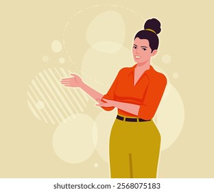 Modern businesswoman speaker pose. Business lady, high waisted pants, office trousers with belt, attractive blouse female model. Vector flat style cartoon illustration, creative background color