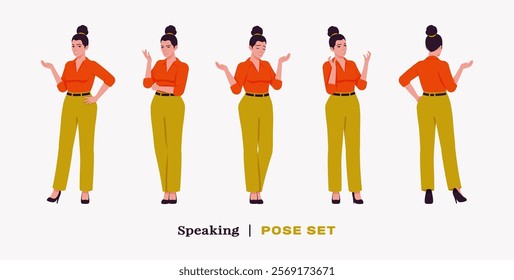 Modern businesswoman speaking pose set. Business lady in high waisted pants, loose office work long trousers with belt, attractive classy blouse female model. Vector flat style cartoon illustration