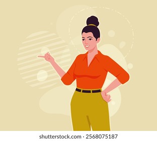 Modern businesswoman speech, talk pose. Business lady, high waisted pants, office trousers with belt, attractive blouse female model. Vector flat style cartoon illustration, creative background color