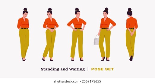 Modern businesswoman stand, wait pose set. Business lady in high waisted pants, loose office work long trousers with belt, attractive classy blouse female model. Vector flat style cartoon illustration