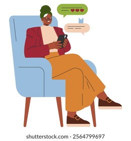 Modern businesswoman texting on smartphone while relaxing in armchair, displaying casual work flexibility. Social communication in digital age. Vector illustration.