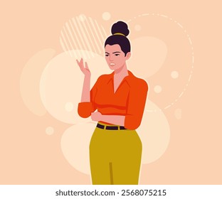 Modern businesswoman think pose. Business lady, high waisted pants, office trousers with belt, attractive blouse female model. Vector flat style cartoon illustration, creative background color