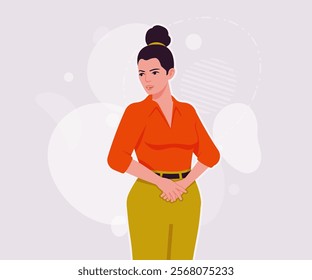 Modern businesswoman thinking pose. Business lady, high waisted pants, office trousers with belt, attractive blouse female model. Vector flat style cartoon illustration on creative background color