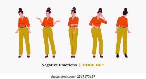 Modern businesswoman unhappy pose set. Business lady in high waisted pants, loose office work long trousers with belt, attractive classy blouse female model. Vector flat style cartoon illustration