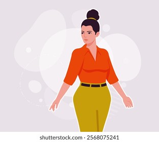 Modern businesswoman walking pose. Business lady, high waisted pants, office trousers with belt, attractive blouse female model. Vector flat style cartoon illustration on creative background color