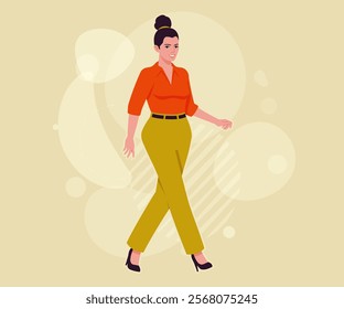 Modern businesswoman walking pose. Business lady, high waisted pants, office trousers with belt, attractive blouse female model. Vector flat style cartoon illustration on creative background color