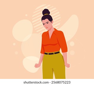 Modern businesswoman wonder angry pose. Business lady, high waisted pants, office trousers with belt, attractive blouse female model. Vector flat style cartoon illustration, creative background color