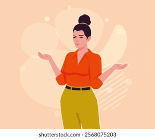 Modern businesswoman wonder ask pose. Business lady, high waisted pants, office trousers with belt, attractive blouse female model. Vector flat style cartoon illustration, creative background color