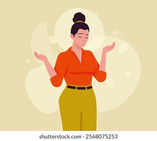 Modern businesswoman wondering pose. Business lady, high waisted pants, office trousers with belt, attractive blouse female model. Vector flat style cartoon illustration, creative background color