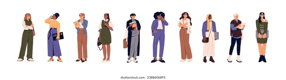 Modern businesswomen set. Females in office costume standing. Workers, employees multinational group. Diverse women, girls businessmen work. Business people flat isolated vector illustration on white