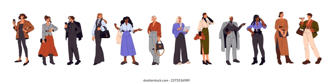 Modern businesswomen set. Stylish people with smartphones, bags in office costume standing. Diverse women, workers, employees group. Business, work fashion. Flat isolated vector illustration on white