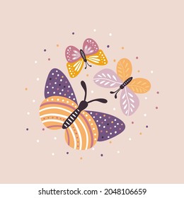 Modern butterflies print of illustrations. Botany art print. Vector illustration