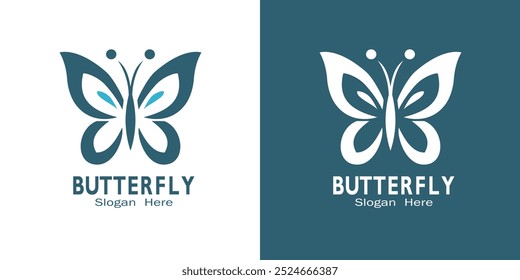 A modern butterfly logo design with minimalist lines and shades of teal. Ideal for branding, corporate identity, or nature-themed projects