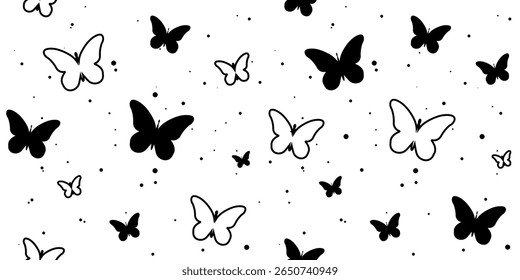 modern butterfly, seamless pattern. butterfly silhouette, simple, repet background. cute, black drawing for a girl. for print, paper, postcards. art vector illustration.
