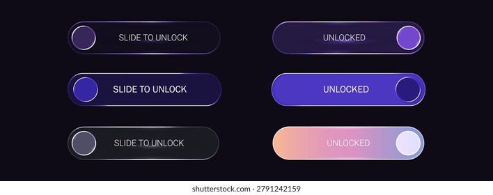 Modern button interface with unlock slider and toggle switch for smartphone apps. Clean digital design featuring glass elements and smooth controls for mobile UI screens. Vector Illustration