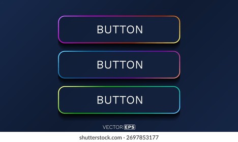 Modern button set with colorful gradient borders on a dark background for UI design. Vector illustration