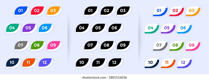 modern button style bullet points numbers from one to twelve