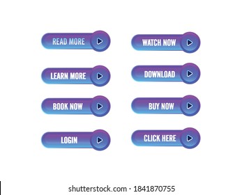 Modern Buttons Icon Vector Illustration. Web Button Symbol. Read More, Watch Now, Learn More, Download, Book Now, Buy Now, Click Here, Login Sign, Emblem Isolated On White For Web Design Graphic