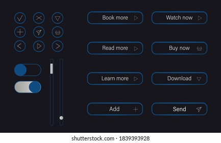 Modern buttons set for UI/UX design. Buy, watch, learn, download, send, add and read more in blue color. Flat vector illustration on dark background for web site, shop.