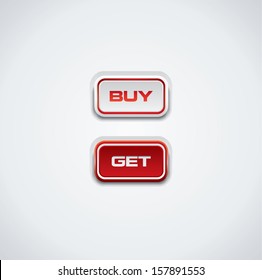 Modern buy and get push buttons, red and white