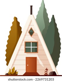 Modern cabin in the forest. Summer adventure scene with cabin in woods.Comfortable glass home. Vector cartoon illustration of traditional lodge and chalet, mountain cottage. Landscape,