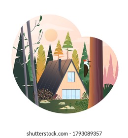 Modern cabin at highland on national park. Summer adventure scene with wooden cabin in woods. Lonely house in forest landscape in flat design. Vector Illustration