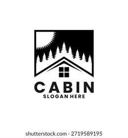 Modern Cabin house with pine tree on square shape logo design vector template