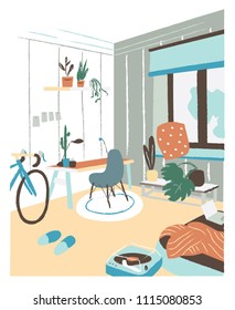 Modern cabinet or bedroom furnished in Scandic hygge style with desk, chair, bed, potted plants. Stylish and comfortable Scandinavian apartment interior. Flat colorful hand drawn vector illustration. 