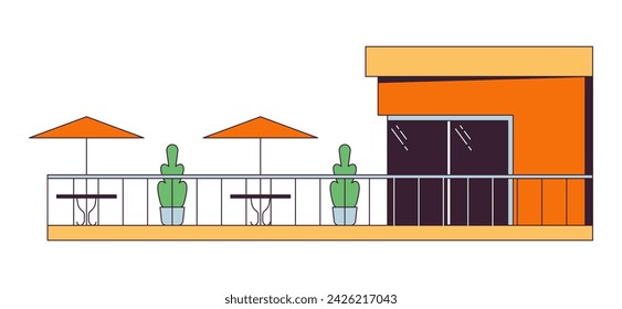 Modern cafe balcony 2D linear cartoon object. Contemporary restaurant patio isolated line vector element white background. Glass window building terrace tables umbrellas color flat spot illustration