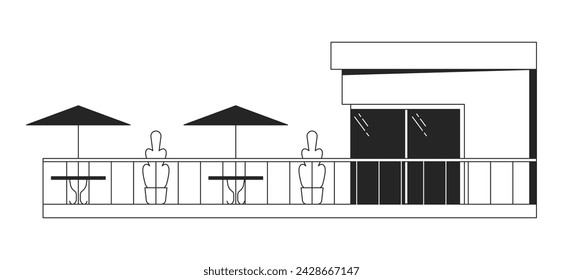 Modernes Café Balkon schwarz und weiß 2D Linie Cartoon Objekt. Modernes Restaurant Terrasse isoliert Vektor-Outline-Element. Glasgebäude Terrassentische Regenschirme monochromatische flache Stelle Illustration