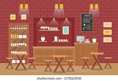 Modern Cafe Coffee Shop Interior Furniture Restaurant Flat Design Illustration