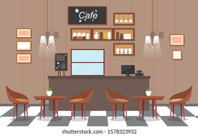 Modern Cafe Coffee Shop Interior Furniture Restaurant Flat Design Illustration
