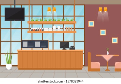 Modern Cafe Coffee Shop Interior Furniture Restaurant Flat Design Illustration