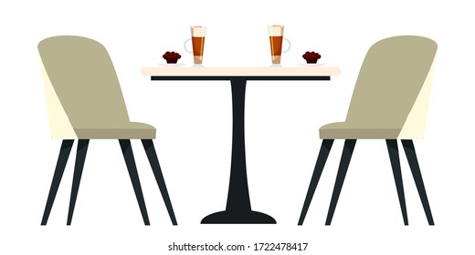 Modern cafe. Comfortable furniture in cafeteria: two chairs, table, cup of coffee, sweet dessert cookie. Interior design for meets, drinks, relaxing space isolated vector objects