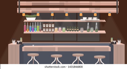 modern cafe empty no people restaurant counter desk with chairs cafeteria interior flat horizontal closeup