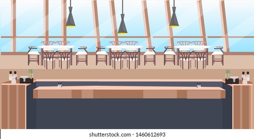 modern cafe empty no people restaurant counter desk tables and chairs coffee shop interior flat horizontal