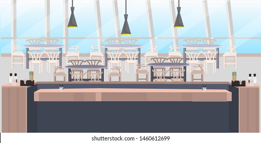 modern cafe empty no people restaurant counter desk tables and chairs coffee shop interior flat horizontal