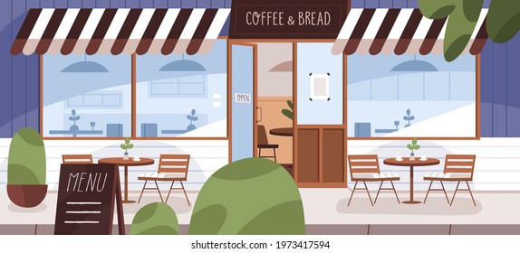 Modern Cafe Exterior With Summer Terrace And Furniture On Street. Cozy Coffee Shop Facade With Open Door And Windows. View On Small City Bakery From Outside. Colored Flat Vector Illustration