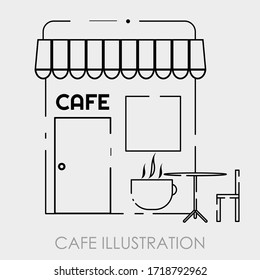 Moderne Café-Flachbild-Illustration mit Schnittlinien und verschiedenen Elementen, in grauer Farbe mit Tisch und Stuhl. UI-Button-Grafikdesign, für Symbole und Straßennahrung. EPS10-Vektor