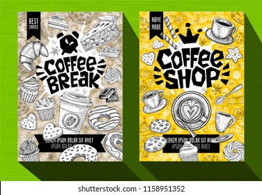 Modern cafe food poster menu template. Logo emblem sign lettering. Coffee break Coffee shop. Coffee mug beans spoon crown. Pen ink sketch style hand drawn vector illustration.