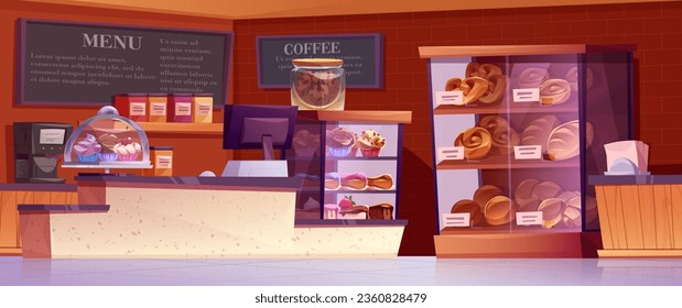 Modernes Café mit frischem Gebäck in Regalen. Vektorkartoon-Illustration von Bäckereien im Innern, Süßkuchen, Brötchen, Muffins, Kekse, frisches Brot auf dem Display, Computer auf dem Bargeldtisch, Menütafeln an der Wand