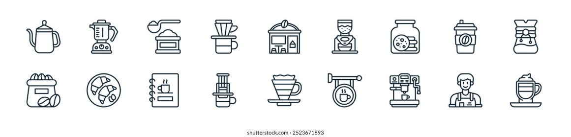 modern cafe icon pack. perfect for linear ui designs featuring vector latte chiato, barista, coffee hine,  , coffee filter, aeropress, menu and more icons for mobile and web apps.