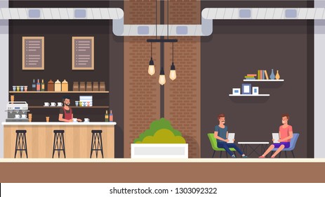 Modern Cafe Interior with Barista in Bar Counter. Happy Guy Company Sitting at Table and Hold Menu. Friends Meeting at Restaurant, Order Cappuchino or Tea and Bakery. People Character Illustration.