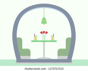 Modern cafe interior. Comfortable chairs, table, lamp and cocktails. Empty with no people inside.  Flat vector illustration