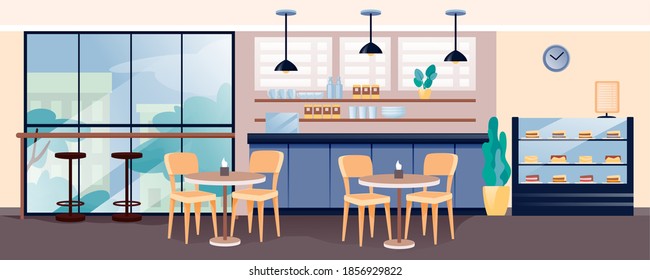 El diseño interior de la cafetería moderna. Cafetería acogedora y vacía con ilustraciones vectoriales de café y pasteles. Mostrador, estanterías con tazas, pasteles dulces, mesas con sillas y vistas a la ventana.