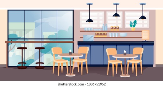 El diseño interior de la cafetería moderna. Cafetería acogedora y vacía con ilustración de café y té. Mostrador con menú, estanterías con tazas y platos, mesas con sillas y vistas al exterior desde la ventana.