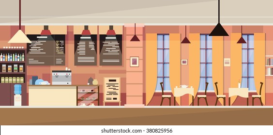 Modern Cafe Interior Empty Flat Vector Illustration